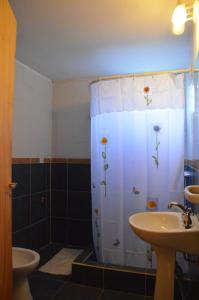 a bathroom with a shower curtain with flowers on it at Cabañas Las Violetas Patagonia in El Bolsón