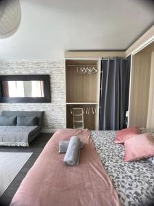 1 dormitorio con 1 cama grande y 2 almohadas en L'aviateur - self check in, en Chartres