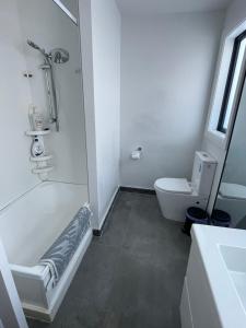 a white bathroom with a shower and a toilet at Home in Church corner in Christchurch