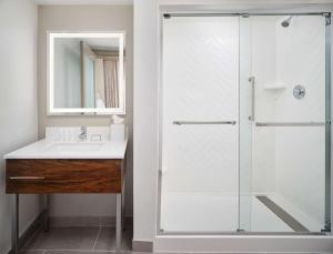 La salle de bains est pourvue d'une douche et d'un lavabo. dans l'établissement Hampton Inn & Suites New Orleans Canal St. French Quarter, à La Nouvelle-Orléans