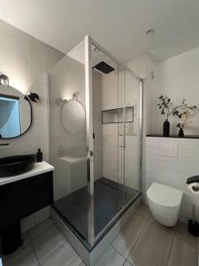a bathroom with a glass shower and a toilet at Duplex 6 Personnes Hyper Centre in Dieppe