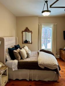 ein Schlafzimmer mit einem Bett mit Kissen und einem Spiegel in der Unterkunft Norfolk Guest House Inn in Guelph