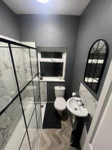 a bathroom with a toilet and a sink at Cosy home perfect for families and contractors in Darlington