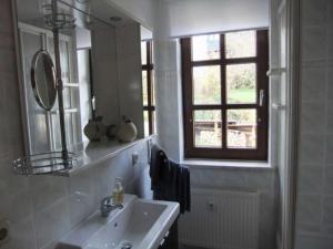 a bathroom with a sink and a mirror and a window at Fewo An der alten Stadtmauer in Blankenburg