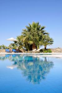 a swimming pool next to a beach with a palm tree at Elounda Living Residences in Elounda