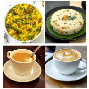 a collage of four pictures of food and a cup of coffee at Tiara Resort Mandwa in Alibaug
