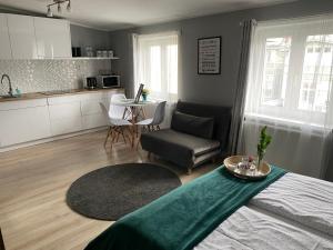 a kitchen and a living room with a couch and a table at Apartament Blue Lagoon in Sopot