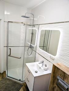 a white bathroom with a shower and a sink at Apartament Leomar, bezkontaktowe zameldowanie, darmowy parking in Poznań +16 photos