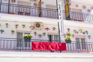 a building with potted plants on the balconies at HOSTAL CACHE in Baza