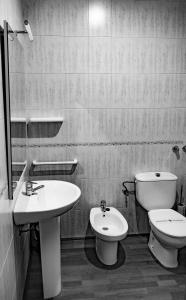 巴薩的住宿－HOSTAL CACHE，浴室配有卫生间、坐浴盆和盥洗盆。