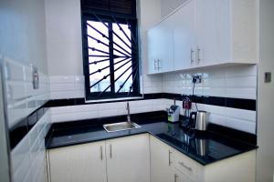 a white kitchen with a sink and a window at ATA Lux Apartments in Kira