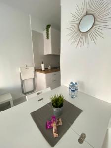 a white kitchen with a mirror and a plant on a counter at Apartamento moderno y familiar Live Santa Cruz Centro in Santa Cruz de Tenerife