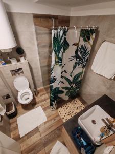 a small bathroom with a toilet and a shower curtain at Ogi & Una Premijer 42 in Kopaonik