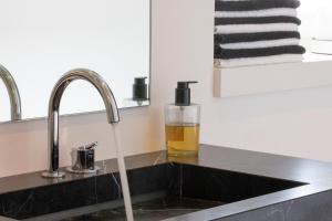 a kitchen sink with a faucet and a bottle of oil at Atelierhaus in Dresden Loschwitz in Dresden
