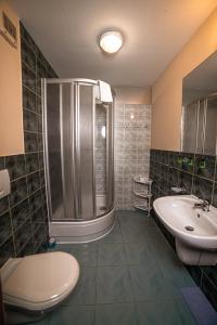 a bathroom with a shower and a toilet and a sink at Hotel Skaut in Chorzów