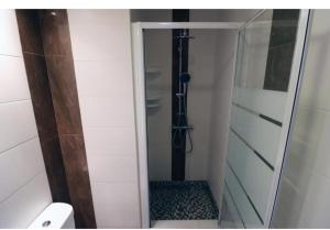 een douche met een glazen deur in de badkamer bij Apartamento Carmix in Portimão