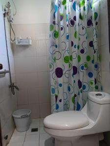 a bathroom with a toilet and a shower curtain at Forest Bay Inn El Nido in El Nido