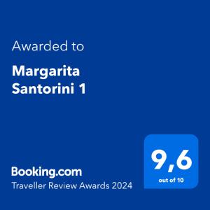 Certifikát, hodnocení, plakát nebo jiný dokument vystavený v ubytování Margarita Santorini 1