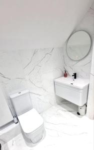 a white bathroom with a toilet and a mirror at Modern House in Bournemouth town centre in Bournemouth