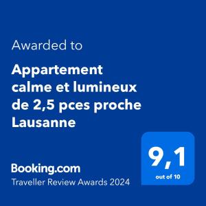 תעודה, פרס, שלט או מסמך אחר המוצג ב-Appartement calme et lumineux de 2,5 pces proche Lausanne