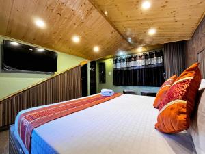 sypialnia z dużym łóżkiem z telewizorem na ścianie w obiekcie Puri's BnB w mieście Shimla