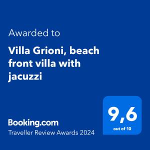 Un certificat, premiu, logo sau alt document afișat la Villa Grioni, beach front villa with jacuzzi
