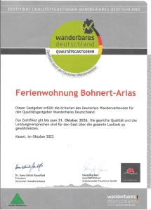 Certifikát, hodnocení, plakát nebo jiný dokument vystavený v ubytování Ferienwohnung Bohnert-Arias