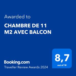 a blue calculator with the text awarded to chameier be at CHAMBRE DE 11 M2 AVEC BALCON in Paris