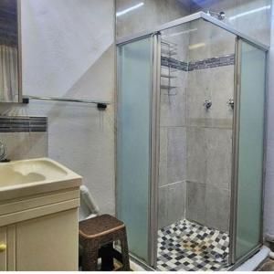 a bathroom with a shower and a sink at Hedgehog Cabin in Marloth Park