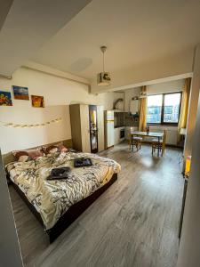 a bedroom with a large bed and a dining room at Cazare Iasi Palas Apartment in Iaşi