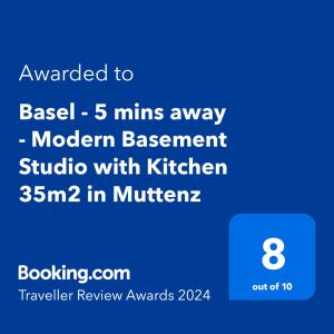 Certifikát, hodnocení, plakát nebo jiný dokument vystavený v ubytování Basel - 5 mins away - Modern Basement Studio with Kitchen 35m2 in Muttenz