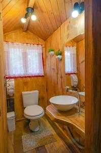 a wooden bathroom with a toilet and a sink at Pousada Fazenda Rio das Pedras in Visconde De Maua