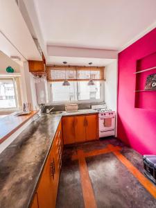 cocina con pared de color rosa y fogones en RentUp - Ubicacion privilegiada, junto a los Bosques de Palermo en Buenos Aires