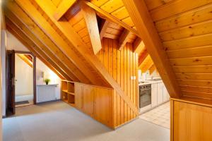 an attic kitchen with wooden walls and wooden ceilings at Cheng 2 in Baden-Baden