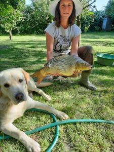 uma mulher com um cão e um peixe na relva em Szilvia Vendégház em Tiszakeszi