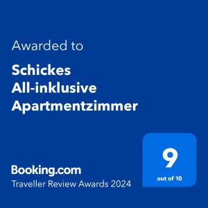 Certifikát, hodnocení, plakát nebo jiný dokument vystavený v ubytování Schickes All-inklusive Apartmentzimmer by RESIDA Asset GmbH