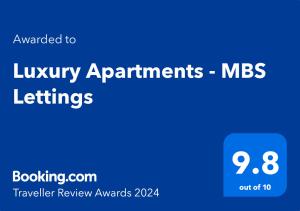 niebieski znak ze słowami luksusowe apartamenty mbsearchuing w obiekcie Luxury Apartments - MBS Lettings w mieście Bewdley