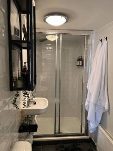 a bathroom with a shower and a sink and a toilet at Luxury Warehouse Conversion - Shoreditch in London