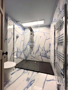 a bathroom with blue and white marble walls and a toilet at Ivybank Villa in Rothesay