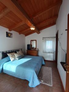 um quarto com uma cama grande e um edredão azul em B&B La Pietra em Arpino