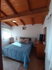 1 dormitorio con cama azul y techo de madera en B&B La Pietra, en Arpino