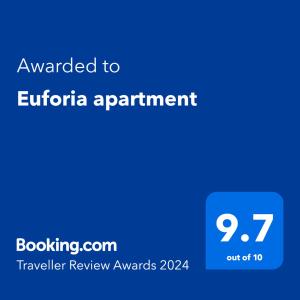 Certifikát, hodnocení, plakát nebo jiný dokument vystavený v ubytování Euforia apartment