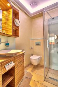 La salle de bains est pourvue de toilettes et d'une douche en verre. dans l'établissement Aktiv- und Wohlfühlhotel Hammerhof, à Bodenmais