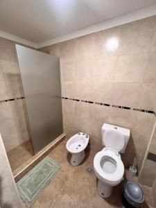 a bathroom with a toilet and a shower and a sink at Lumier Apartment 1- Moderno departamento en planta baja, cochera privada in El Challao