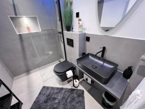 a bathroom with a black sink and a mirror at Rü-Premium Apartments in Essen +27 photos