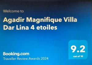 Ett certifikat, pris eller annat dokument som visas upp på Agadir-Taghazout Magnifique Villa Dar Lina 4 etoiles