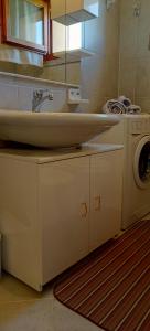 uma casa de banho com um lavatório e uma máquina de lavar roupa em Tanca della Torre Trilocale vista mare em Isola Rossa