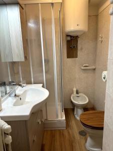 a bathroom with a sink and a shower and a toilet at Residence Fonte Eremita in Roccaraso