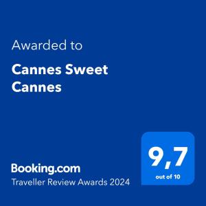 Certifikát, ocenenie alebo iný dokument vystavený v ubytovaní Cannes Sweet Cannes