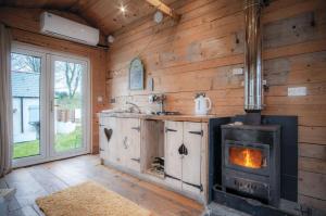 a kitchen with a stove in a room with wooden walls at The Hygge Hut - 1 Bed - Freshwest Beach Retreat in Pembroke